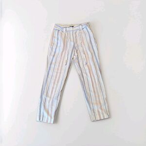 Express Ankle High Rise Pants Womens 6 Striped Linen Blend Tie Waist Belt Beachy